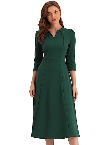 Image of Allegra K Womens 3 /4 Sleeve A-Line Business Work Formal Midi Dress | Elegant Dresses with Pockets, V Neck, Cockatail Party Church Funeral Outfits, Spring Fall Winter