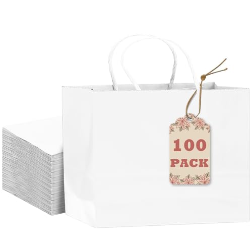qiqee 13x4.5x10 Large Gift Bag with Handles 100PCS Gift Paper Bags White Bags Multiple Uses (Wide Large)