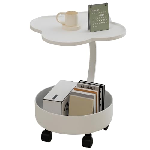 lcvtos Mesa Auxiliar Doble En Forma De C, con Espacio De Almacenamiento Y Ruedas, con Bandeja, Mesa De Centro Pequeña Y Mesita De Noche Moderna para Sala De Estar Y Dormitorio (Blanco)
