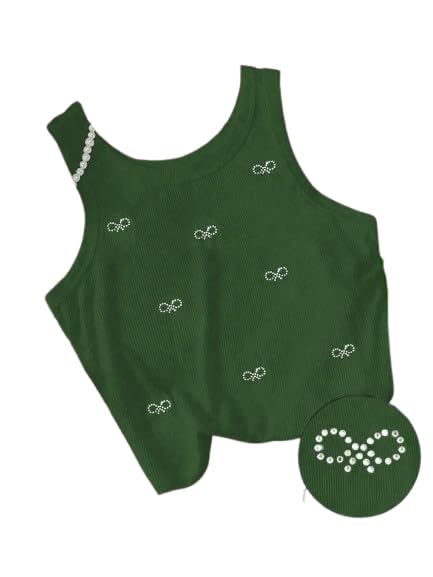 Solid Slim Fit Round Neck Sleeveless Ribbed Crop Tank Top for Women with Embellished Pearl Bow || Tank Tops for Woman-image-14