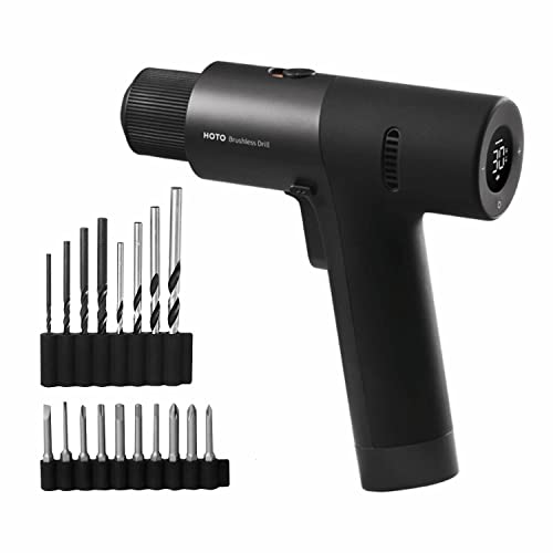 HOTO Cordless Brushless Drill 12V, LED Display Screen, 30 Precision Gears, 2 Working Modes, 2000mAh Battery, 266 In-lbs (30NÂ·m) Torque, 3/8 Inch Keyless Chuck, 1400RPM, 10 x Bits, 8 x Drill Bits