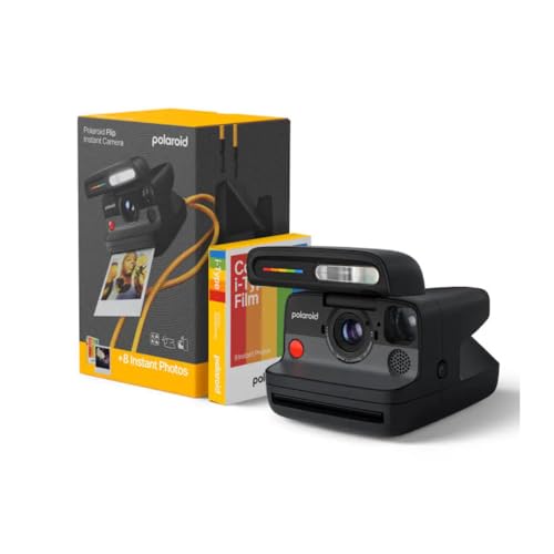 Cámara instantánea - Polaroid Flip + 8 Film Bundle, Sistema hiperfocal 4 lentes, Flash, Negro