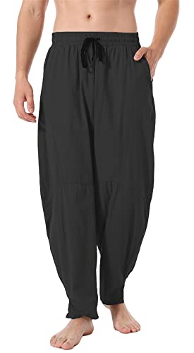 perdontoo Men's Linen Cotton Loose Fit Casual Lightweight Elastic Waist Summer Beach Pants2