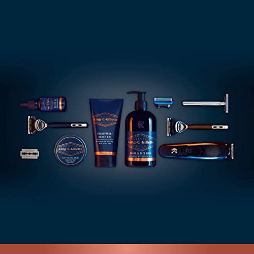 King C. Gillette Regolabarba Uomo, Rasoio a Mano Libera, Gel Da Barba Trasparente, 3 Lamette da Barba per Pelli Sensibili, Idea Regalo Uomo Kit Professionale