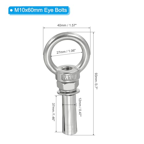 Image of PATIKIL Expansion Eye Bolt M10x60mm, 2 Pack 304 Stainless Steel Shoulder Anchors Eyebolt Screw with Eye Ring for Concrete Brick Walls Canopy Engineering Rigging Silver