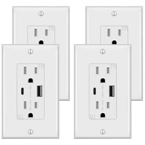 TAKETEK USB Outlet, USB C Outlets Receptacles, Electrical Outlet with USB, 15A Tamper-Resistant Receptacle, Charging for iPhone, Samsung, Google, LG, HTC, Android Devices, UL Listed, White,4 Pack Cover
