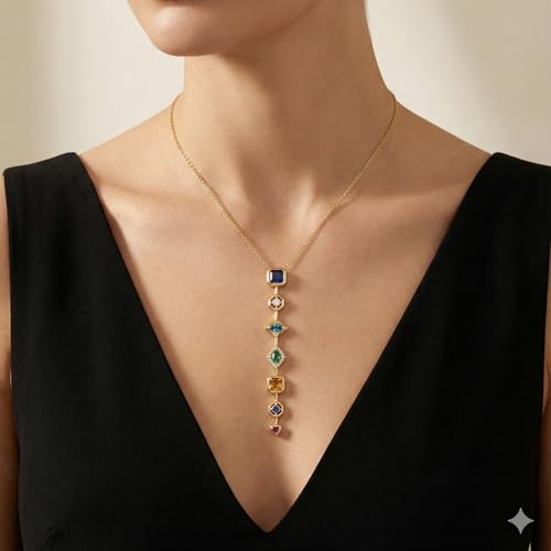 Image of Anti Tarnish Pendant Necklace for Women | 7 Stone Multi-Color Elegant Multiple Stone Chain for Women | Luxury Gold Plated Locket