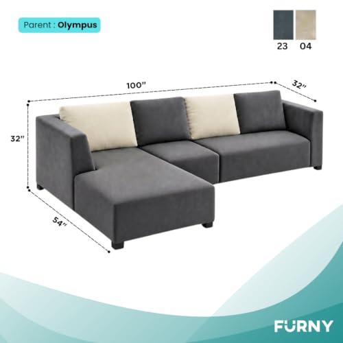 Image of FURNY Olympus 6 Seater LHS L Shape Sofa Set | Plush Velvet Suede Fabric | Modern Design | Soft Comfort Dual Color Cushions for Living Room, Office & Hotels (Dark Grey-Cream)