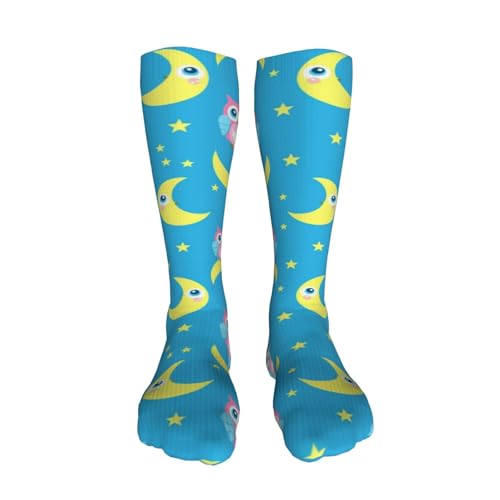 Cute Pink Owls Blue Compression Socks for Kids Boys Girls, Knee High Soccer Socks Long Tube Funny Gifts for Running Sports Travel 19.8in3