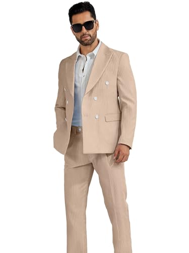 High-End Suits Men's Seersucker Suits 2 Piece Casual Summer Beach Wedding Prom Suit Khaki Seersucker Blazer Pants Set XL2