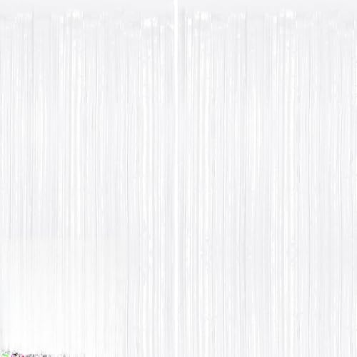 2Pack White Metallic Tinsel Foil Fringe Curtains White Streamer Backdrop Curtains for Birthday Party Decorations Fringe Backdrop for Wedding Foil Curtain Backdrop for Bachelorette Party Disco Party