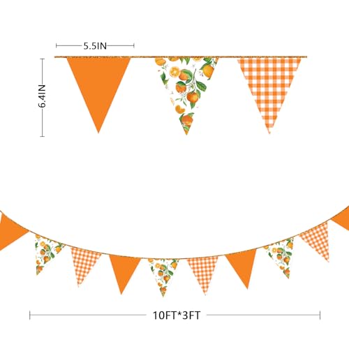 Image of Citrus Orange Party Decorations Orange Plaid Floral Pennant Banner Flag Hanging Paper Triangle Bunting for Birthday Wedding Bridal Shower Engagement Bachelorette Party Decorations Supplies
