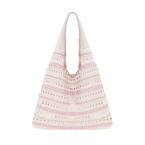 Sightor Crochet Tote Bag Mesh Beach Bag Knit Summer Hobo Bag Vacation Boho Tote Bag for Women (Pink Line)