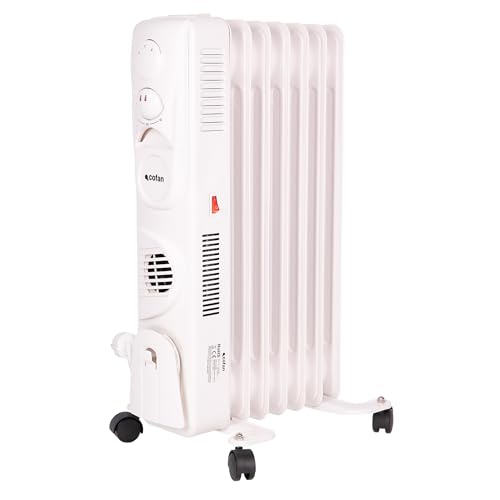 Cofan Radiador de aceite de 1500 W | 7 elementos | 3 niveles de potencia | Con termostato y ventilador | Protección antivuelco | 37 x 24 x 65 cm