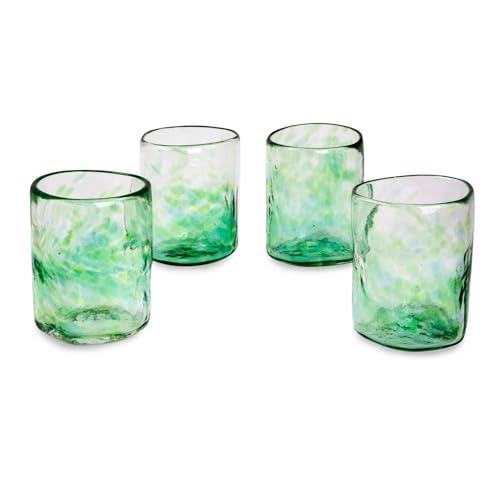 NOVICA Artisan Handblown Ref Set of 4 Artisan Crafted Glass Green Rocks Glasses 8oz Mexico Tableware Drinkware Recycled Lush Meadow Garden Party [ 3.5in H x 2.8in Diam. 8 Oz.]