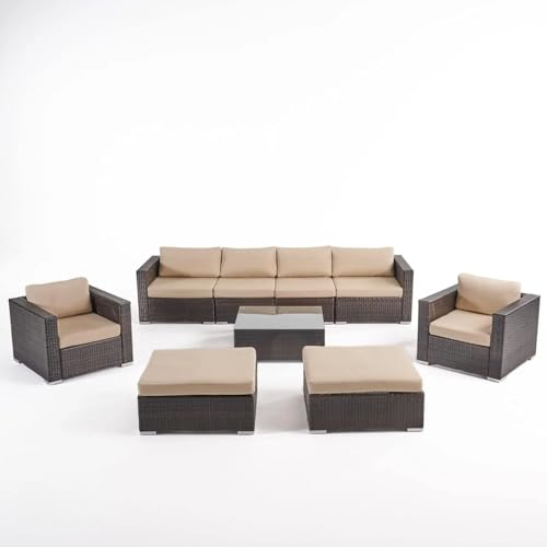 Image of Amazon Brand - Solimo Solara Outdoor 8 Seater Sofa Set | Balcony Sofa | Patio Furniture Sets | Conversation Sets | Wicker | Garden | Balcony | (New Dark Brown & Cream)
