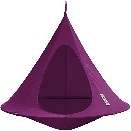 Image of Double Cacoon Hanging Chair for Two - Cozy Indoor /Outdoor Hammock with Polyester Canvas, 440 lb Capacity, Includes 18ft Rope & Carabiner (Mulberry)