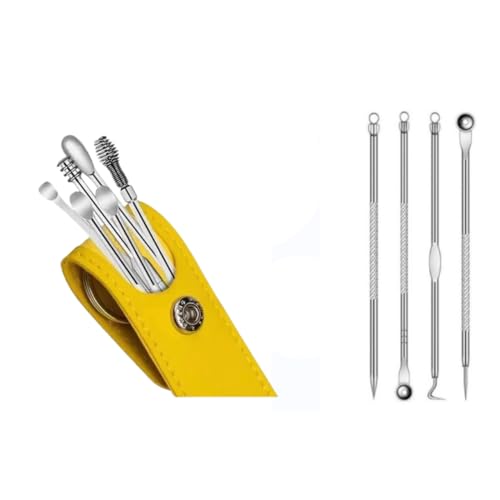 Kit de Limpeza de Ouvido 6 Peças e Acne 4 Peças Estojo Amarelo com Escovas e Ferramentas de Aço Inox