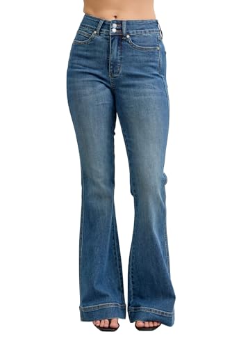 Judy Blue Womens Jeans - High Waisted Flare Tummy Control Double Button Wide Bootcut