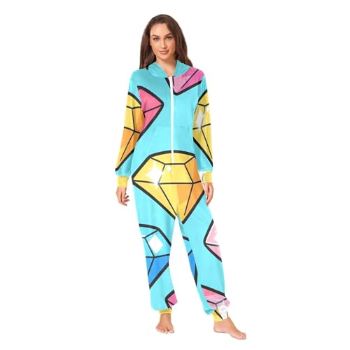 Yuiboo Bright Color Block GemstoneAdult Funny One Piecing Pajamas for Women Costumes Hooded