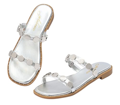 geluboao Sandals for Women 2025 Open Toe Two Band Slip On Slides Fashion Metal Circular Flat Sandals for Summer Size 6-11