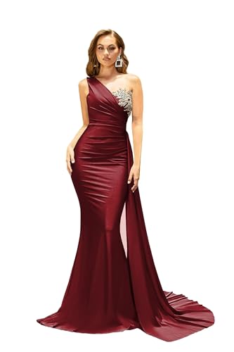 One Shoulder Mermaid Bridesmaid Dresses for Wedding Long Satin Prom Dresses Beaded Lace Appliques Formal Evening Party Gowns