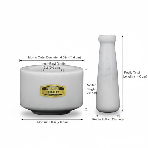 Image of JMH Marble Handmade Stone Mortar and Pestle Set | Ohkli Musal /Kharal khalbatta for Medicine, Spices Grinder Masher (White, 3 Inch)