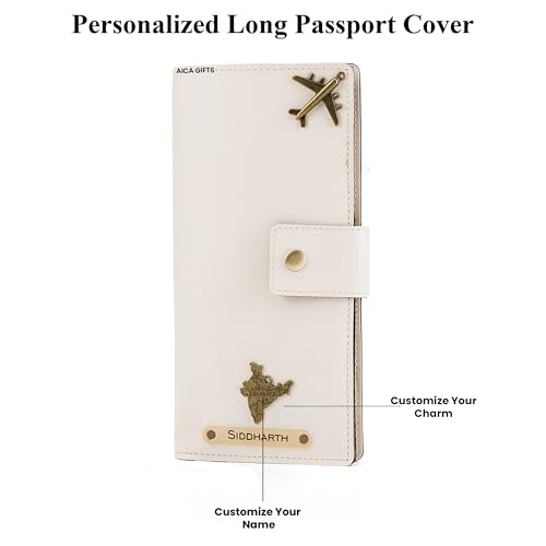 Image of AICA Personalized Name & Charm Long Leather Passport Cover with (Cream) Passport Boarding Pass Currency Card Slot & Coin Holder for Men & Women| Corporate Gift Employee Colleagues | Travel Wallet
