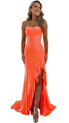 Mermaid Sparkly Prom Dresses with Slit Strapless Sequin Formal Evening Gown for Women