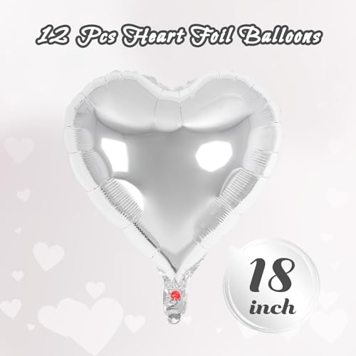 Image of 12 Pcs Silver Heart Balloons,18 Inch Heart Foil Balloons Love Balloon Valentine Balloon for Birthday Party Wedding Engagement Party Baby Shower Valentine Day Decorations