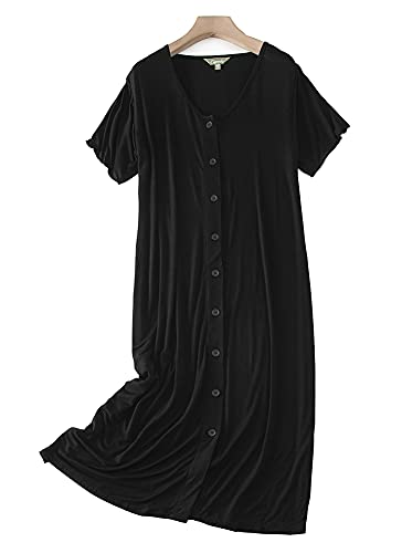 Image of CHUNG Women Nightgown Loose Fit NightShirt Front Open Button Down Pajamas Nightdress Short Sleeve Sleepwear Under Knee Gown