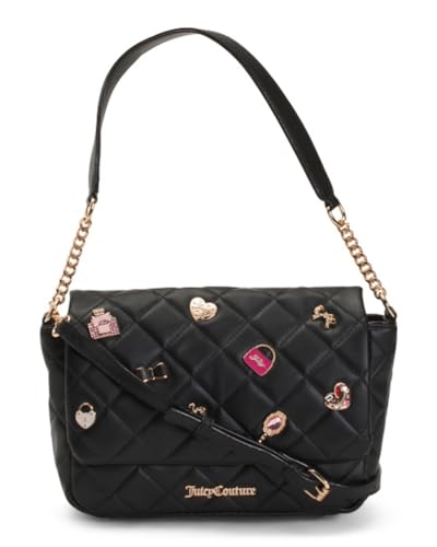 Juicy Couture Girl Only Flap Crossbody, bolsa conversível acolchoada preta com ferragens douradas, 25 x 16,5 cm