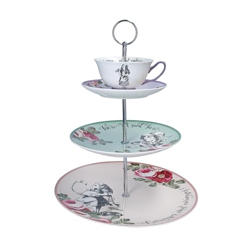 Mikasa and the V&A 3-Tier Cake Stand, Afternoon Tea Stand with Teacup, Alice in Wonderland Teaware, Bone China, Dishwasher Safe & Gift Boxed