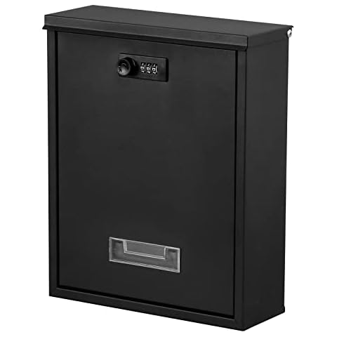 Dalmbox Locking Mailbox Wall Mount, Wall Mounted Mailbox with Combination Lock, Large Drop Box with Galvanized Steel Cover, Rust-Proof Metal Post Box, Black, 10.2” x 3.7” x 12.6” Cover