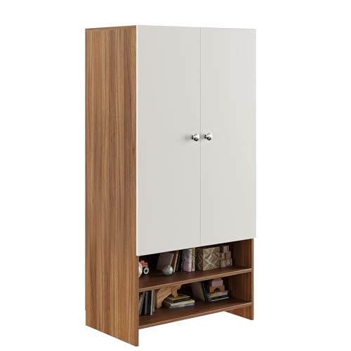 Image of FURNEASER YSH Engineered Wood Wardrobe Almirah for Clothes with 2 Doors & Open Shoe Rack | Wooden Closet Cabinet Organizer for Bedroom Living Room | Storage Cupboard (Exotic Teak & White 2)