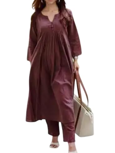 Trendy Cotton Slub Coord Set for Women | Pleated Buttoned A-Line Gown Style Kurta with Pant (IN, Alpha, XL, Regular, Coffee)