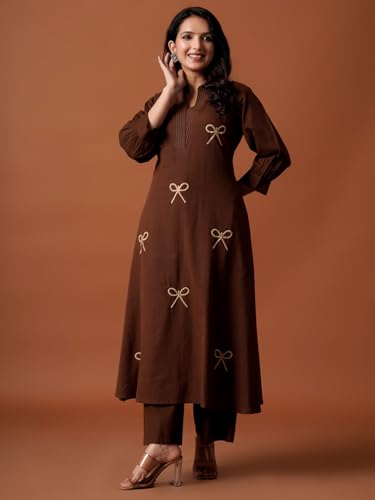Image of INDO ERA Women's's Pure Cotton Embroidered Kurta Women | Floral Neck & Hem Embroidery | Cotton Kurta Women |