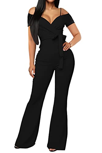 Women's Jumpsuit Elegant Sexy V Neck Off Shoulder High Waisted Flared Pants Casual Rompers Party Clubwear With Belt Black M #TOP23