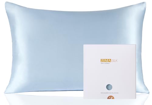 ZIMASILK 100% Pure Mulberry Silk Pillowcase for Hair and Skin Health,Soft and Smooth,Both Sides Premium Grade 6A Silk,600 Thread Count,with Hidden Zipper,1pc (Queen 20''x30'',Light Blue)