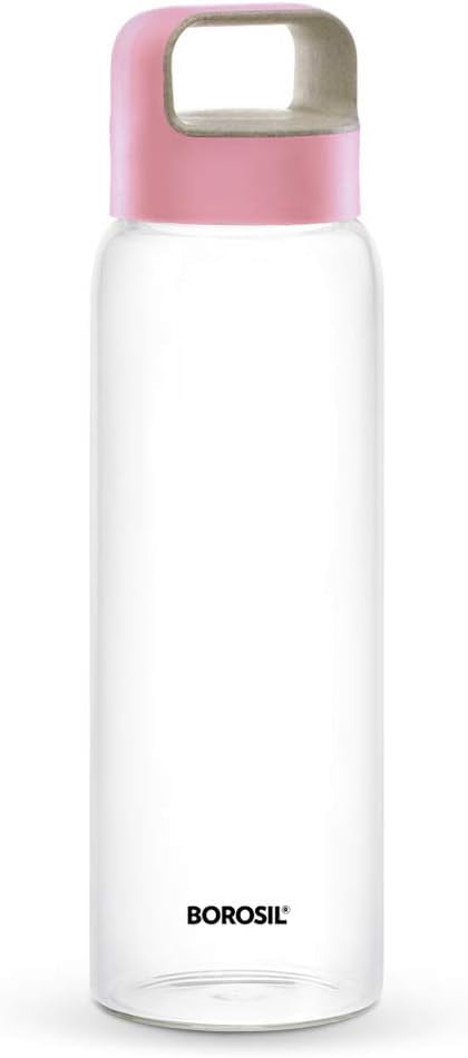 Nobel Borosil Glass Water Bottle, 1000ml, Wide Mouth, Leakproof Borosilicate Glass, Microwave Safe (Pink Lid with Handle)