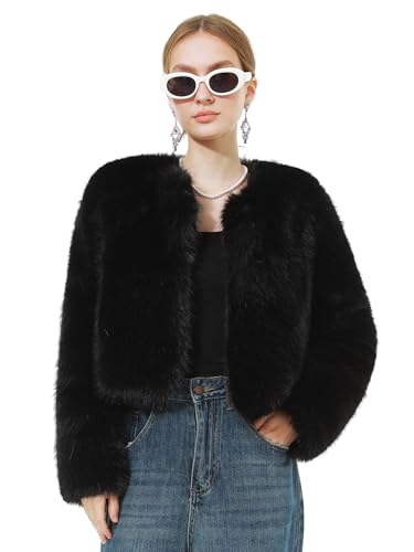 LA CARRIE Women's Faux Fur Winter Cropped Fluffy Jacket Long