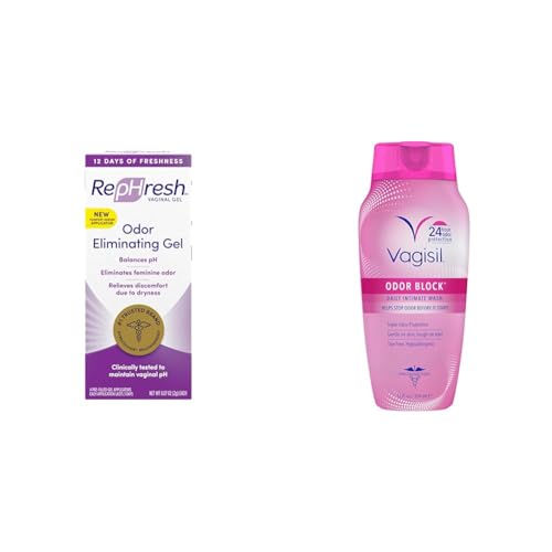 RepHresh Odor Eliminating Vaginal Gel, 4ct (0.07oz) & Vagisil Feminine Wash for Intimate Area Hygiene, Odor Block, Gynecologist Tested, Hypoallergenic, 12 oz, (Pack of 1)