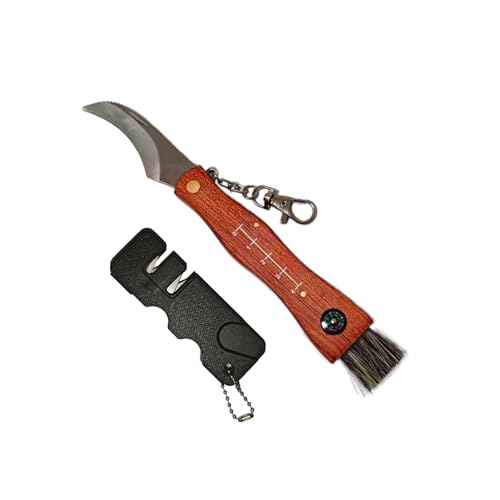 FIOTCEL Mushroom Knife Set Folding Foraging Knife with Brush and Compass + Portable Sharpener Stainless Steel Blade for Mushrooms Truffles Wild Greens
