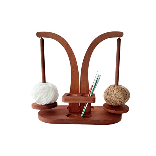 Image of Magnetic Wooden Yarn Holder for Crocheting & Knitting - Smooth Rotating Yarn Spinner with Double Spindles, Tangle-Free Thread Dispenser, Ideal Gift for Knitters & Weavers (Brown)
