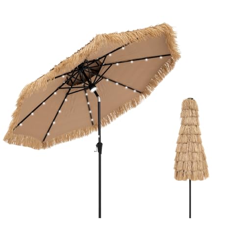 GOPLUS 2,7M Parasol Paille PE avec 32 LED Solaires, Parasol Chaume de Style Hawaïen Tropical avec Double Toit Inclinable, 8 Baleines, 9 Couches, Manivelle,...