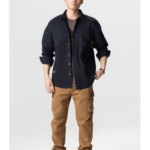 Men's Oversized Button Down Shirt Jacket 100% Cotton Lapel Work Overshirt with Flap Pockets4