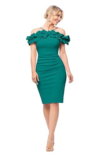 Image of Xscape Women's Xscape Women's Off the Shoulder Leg Slit Ruffle Floor Length Dress