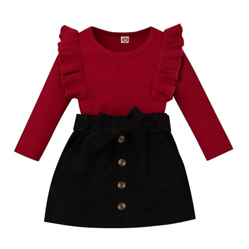 Image of Highnesson-ww Baby Girl Skirt Outfit Long Sleeve Ruffle Shirt Top Mini Skirt Set Knitted Cotton 2Pcs