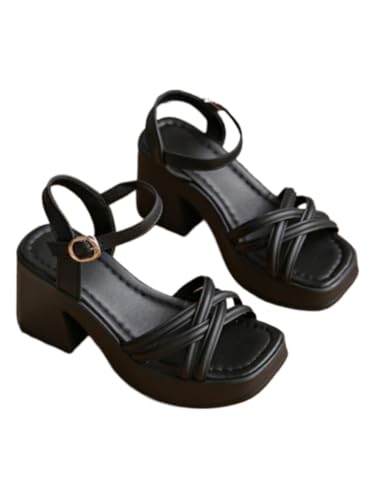 Women's Fashionable Cross Strap Heeled Sandals Trending Shoes Casual Comfortable High Heel Sandals for Daily Wear Trendy All-match Platform Slides Summer Dress Shoes No Slip Sole Cruise Vacation (Black,9)