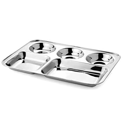 EKIN Stainless Steel Lunch Dinner Plate Bhojan Thali 5 in 1 Rectangle Compartments Kitchen & Dining Set Rectangle Compartments for Dinner/Breakfast/Lunch (Pack of 1)